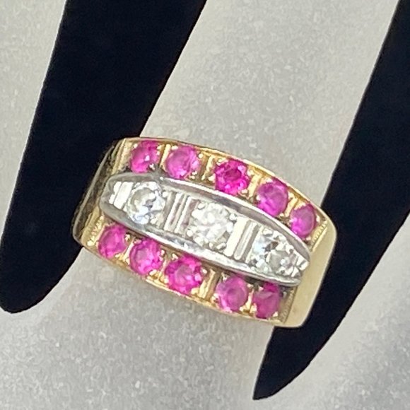 Antique 14K 0.3ct H/Si2 Round Diamond 0.60ct Ruby pinky ring 4.7g s4